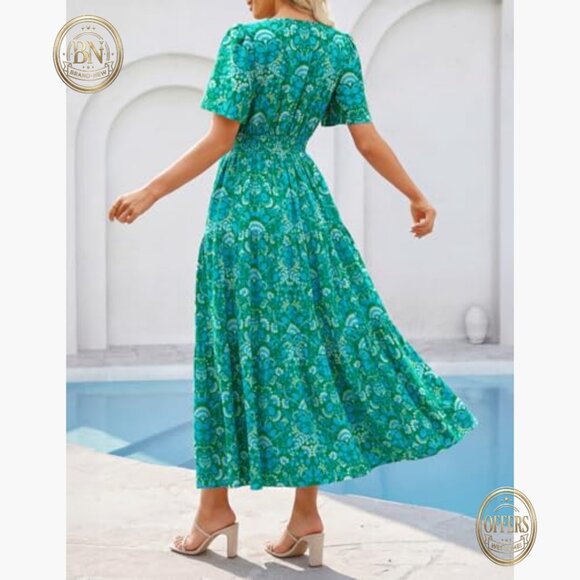 Viscose Maxi Dress with V-Neck Short Sleeves and Pockets - Picture 3 of 7